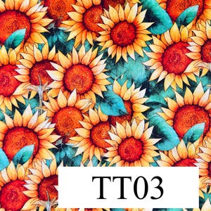 May include: A seamless pattern featuring a vibrant array of yellow and orange sunflowers with green leaves on a teal blue background. The text "TT03" is displayed in white on a black rectangle.