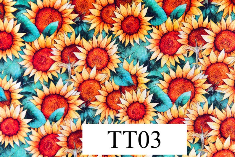 May include: A seamless pattern featuring a vibrant array of yellow and orange sunflowers with green leaves on a teal blue background. The text "TT03" is displayed in white on a black rectangle.