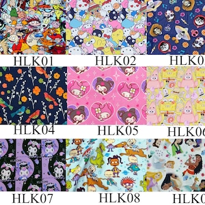 Peut inclure: Un collage de neuf échantillons de tissu différents mettant en scène divers personnages de dessins animés. Les échantillons sont disposés en grille de 3x3. Chaque échantillon a un schéma de couleurs et un motif différents. Les personnages incluent Bob l'éponge, les Powerpuff Girls, Hello Kitty, et plus encore.