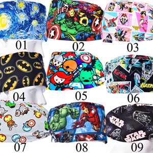 Gorra de regalo de la temporada de graduación, gorra de exfoliación unisex de los Vengadores de Marvel, sombrero de exfoliación de los Vengadores, gorra de cola de caballo ajustable, gorra quirúrgica forrada de satén imagen 1