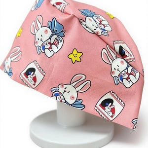 Pink Bunny Print Scrub Cap | Ultra-Soft Cotton Hair Cover | Cute & Ponytail-Friendly