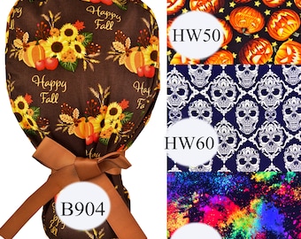 Sunflower and Pumpkin Themed Scrub Hats, Unisex Brown Scrub Caps, Ponytail Friendly Scrub Caps, Thanksgiving Surgical Hats for All.