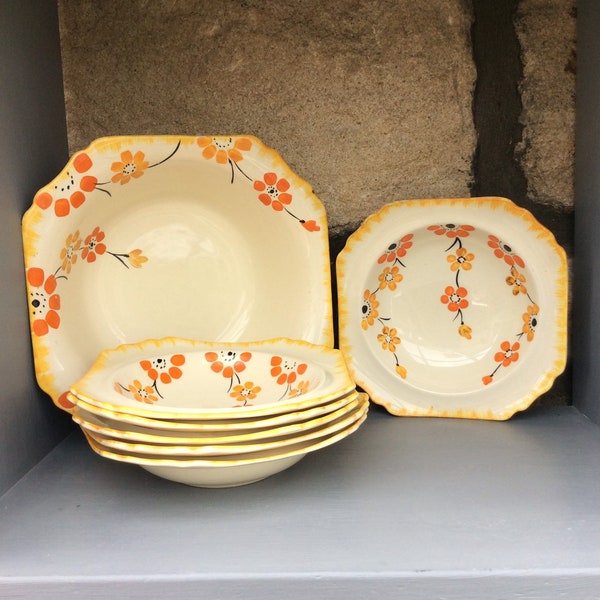 Vintage large fruit bowl and 6 smaller bowls , Unicorn Thomas Hughes & Son ltd, Orange floral