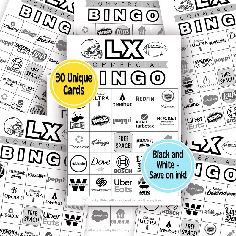 2026 Super Big Bowl Game Commercial Bingo | 30 Cards | LX Football ...