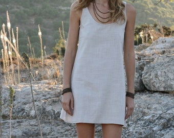 Backless Mini Dress - White Cotton Dress -  Slip Flax Dress - Summer Mini Dress,