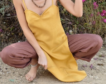 Organic Hemp Tunic / Mustard Long Tank Top / Hemp Tunic / Side Cut Long Top Tunic / Sustainable Clothing / Sleeveless Open Back