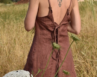 Brown Backless Hemp Mini Dress /  Summer Tunic / Earthy Natural Clothing / Sleeveless Mini Dresses