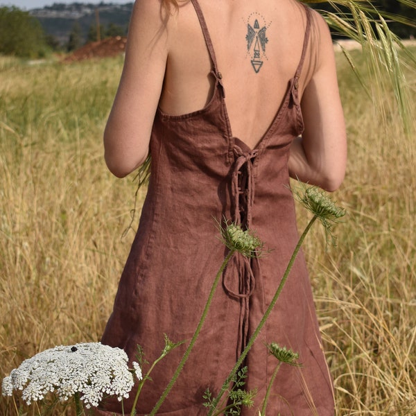 Brown Backless Hemp Mini Dress /  Summer Tunic / Earthy Natural Clothing / Sleeveless Mini Dresses