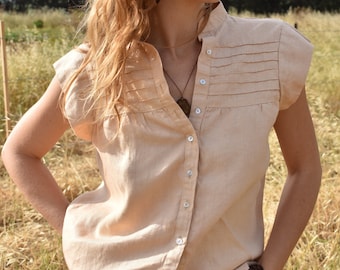 Hemp Blouse For Woman / Authentic Vintage 1940's Style / Peach blouse for woman / vintage style Short sleeves blouse