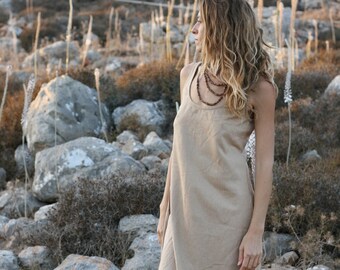 Beige Raw Silk Mini Dress • Earthy Sleeveless Summer Dress