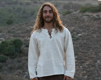 Long Shirt For Men - Organic Cotton Pullover - Top For Man Cream Color - Ceremonial Men's Top - Gift For Him