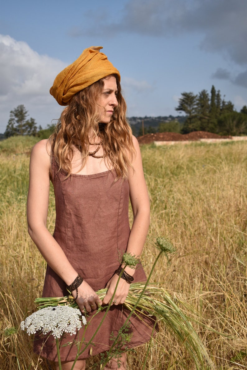 Brown Backless Hemp Mini Dress / Summer Tunic / Earthy Natural Clothing / Sleeveless Mini Dresses image 2