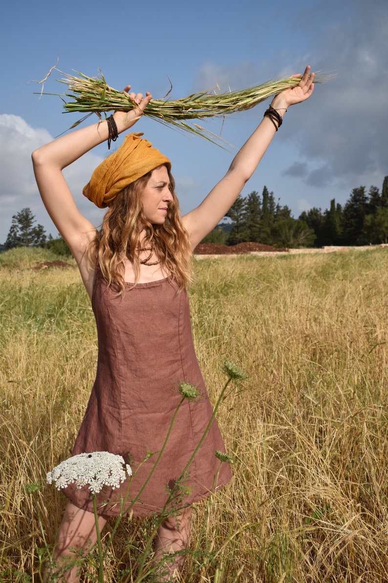 Brown Backless Hemp Mini Dress / Summer Tunic / Earthy Natural Clothing / Sleeveless Mini Dresses image 3