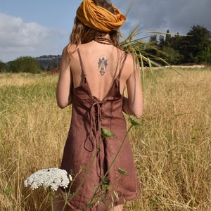 Brown Backless Hemp Mini Dress / Summer Tunic / Earthy Natural Clothing / Sleeveless Mini Dresses image 4