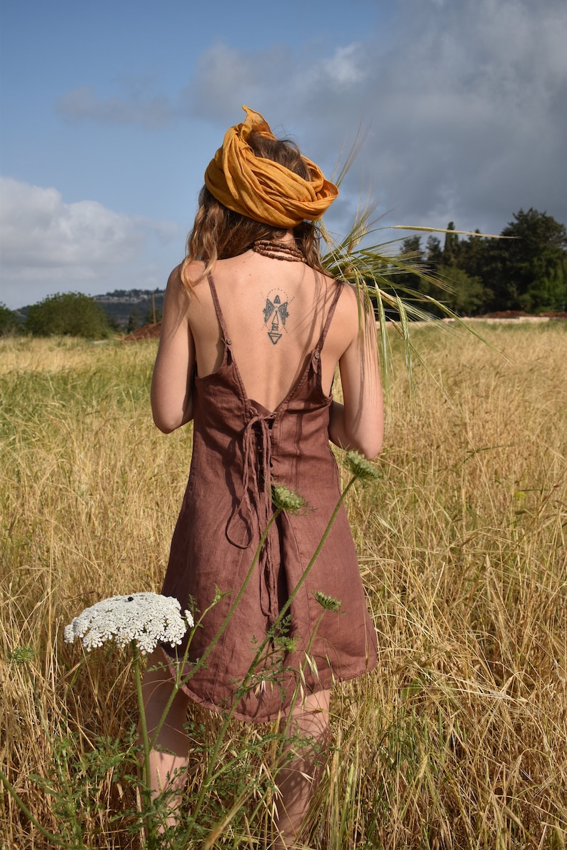 Brown Backless Hemp Mini Dress / Summer Tunic / Earthy Natural Clothing / Sleeveless Mini Dresses image 4