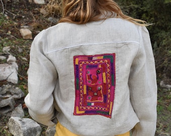 Hemp Patchwork Jacket / Women Embellished Handmade Embroidered Jacket / One 0f a Kind