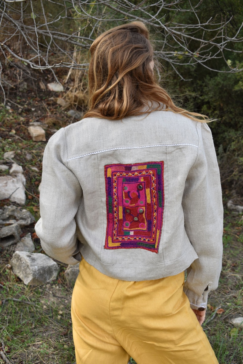 Hemp Patchwork Jacket / Women Embellished Handmade Embroidered Jacket / One 0f a Kind image 1