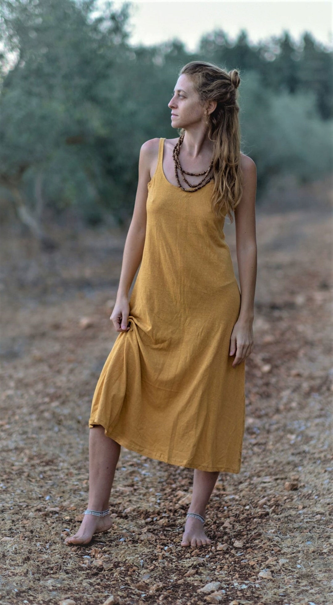 Sleeveless Open Back Dress / Mustard Tank Dress / Boho Maxi Dress