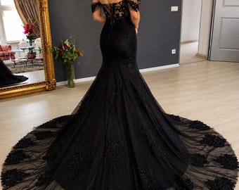 Abito da sposa gotico nero, abito da sposa romantico scuro, abito da sposa alternativo di alta moda, abito da sposa a sirena in pizzo nero, sposa gotica