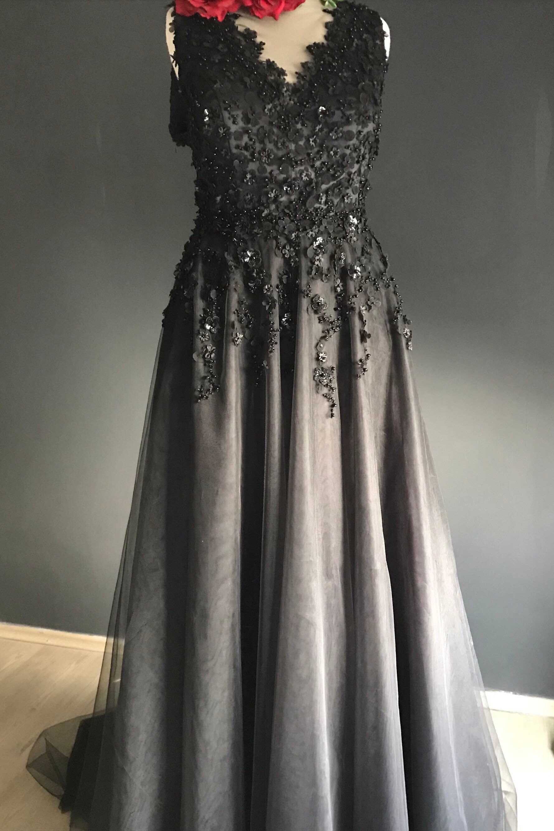 Black Wedding Dress Gothic Wedding Dress Black Lace V Back - Etsy