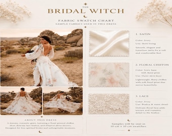 Tabla de muestras de tela para vestido de novia floral / Muestras de tela nupcial / Satén, gasa floral y encaje / Alta costura nupcial