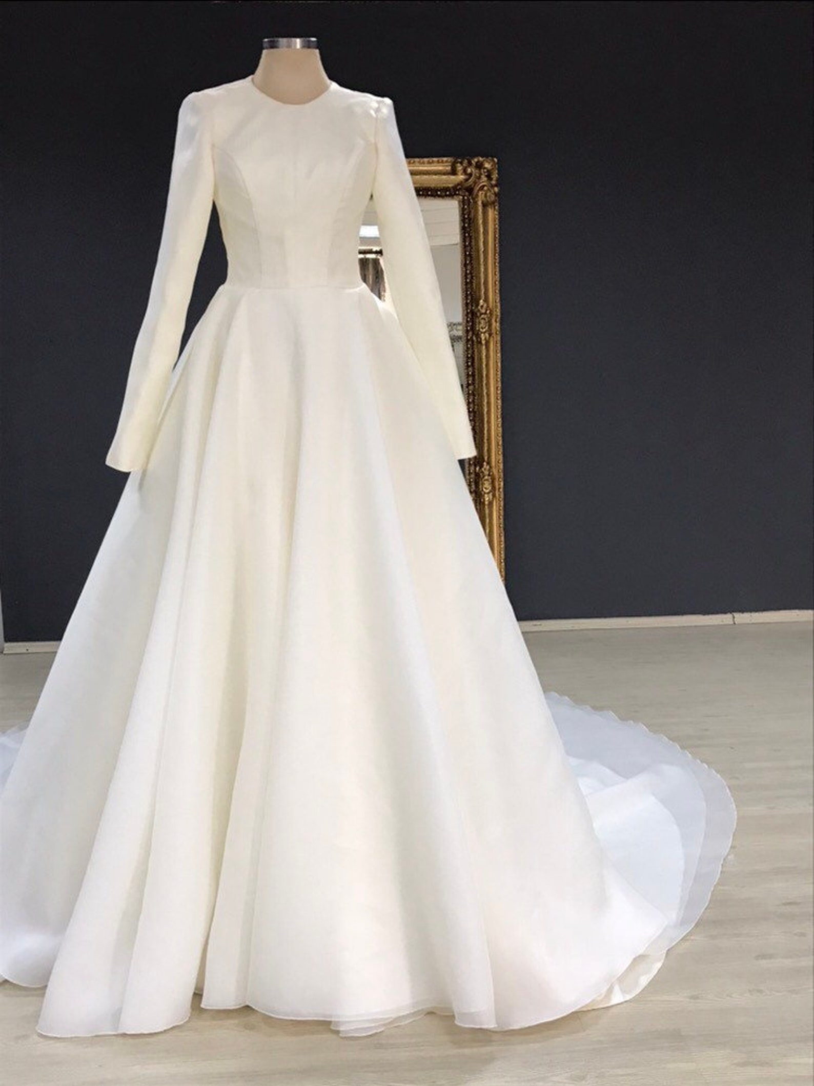 Modest Long Sleeve Wedding Dress Mikado silk Cream Color Etsy