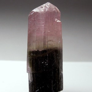 May include: A pink and green tourmaline crystal with a pointed top and a smooth, polished surface.