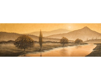 Sunrise Landscape 4. Oil painting of a misty morning river