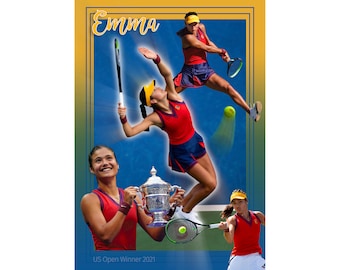 Emma Raducanu poster. A wall art print of the British female teenage tennis sensation winning the US Open. An ideal gift for any sports fan.