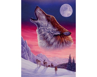 Wolf. Original fine art print of a majestic wolf howling at the moon