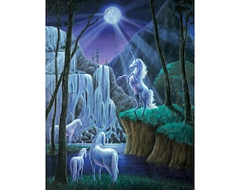 May include: A magical scene with four white unicorns in a forest setting. The unicorns are standing in a clearing near a waterfall and a moonlit sky. The scene is painted in a realistic style with soft colors.