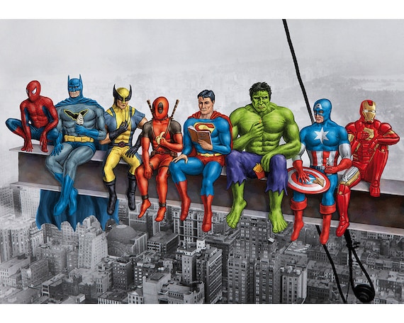Superheroes on Girder Poster. Original artwork based on Marvel and DC Comics characters. Superheroes on Girder Poster. Original artwork based on Marvel and DC Comics characters.