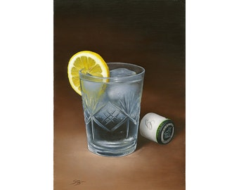 Gin and Tonic. Original fine art print of a cool gin and tonic with ice and a slice of lemon