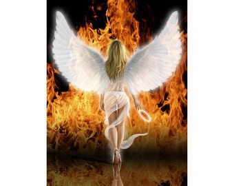 Fallen Angel. Original digital artwork fine art print of a sexy female angel embracing her naughty side