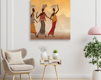 A canvas print of three beautiful black women friends from my original artwork. Warm oranges, reds and browns, perfect home and wall decor.