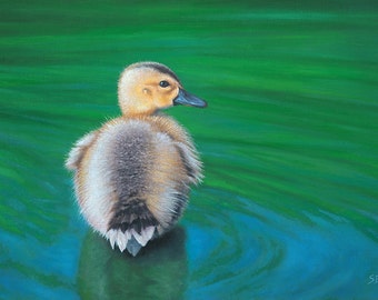 Duckling - Taking the Plunge. Digital print from my original oil painting of a cute, fluffy duckling