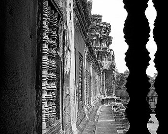 Angkor Wat, Siem Reap, Cambodge, photographie de voyage, Temple, beaux-arts, photojournalisme, noir et blanc, décoration, Architecture, fenêtre