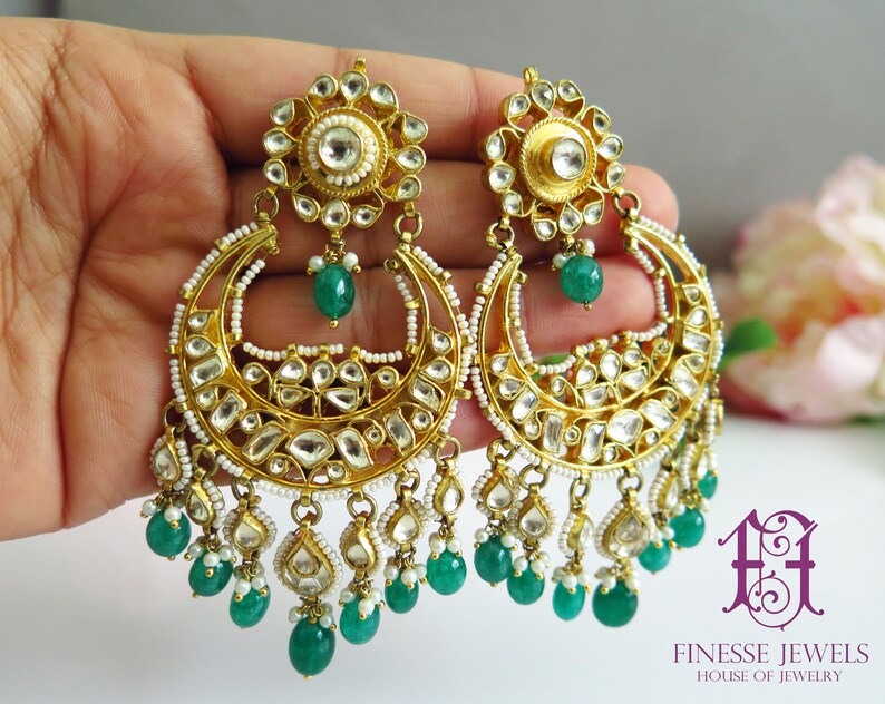 Gold Green Chandbali Earrings,Indian Earrings,Long Kundan Earrin