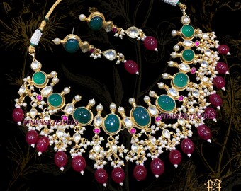 Indian Jewelry, Choker Necklace, Indian Necklace Set, Kundan Red Green Choker Set