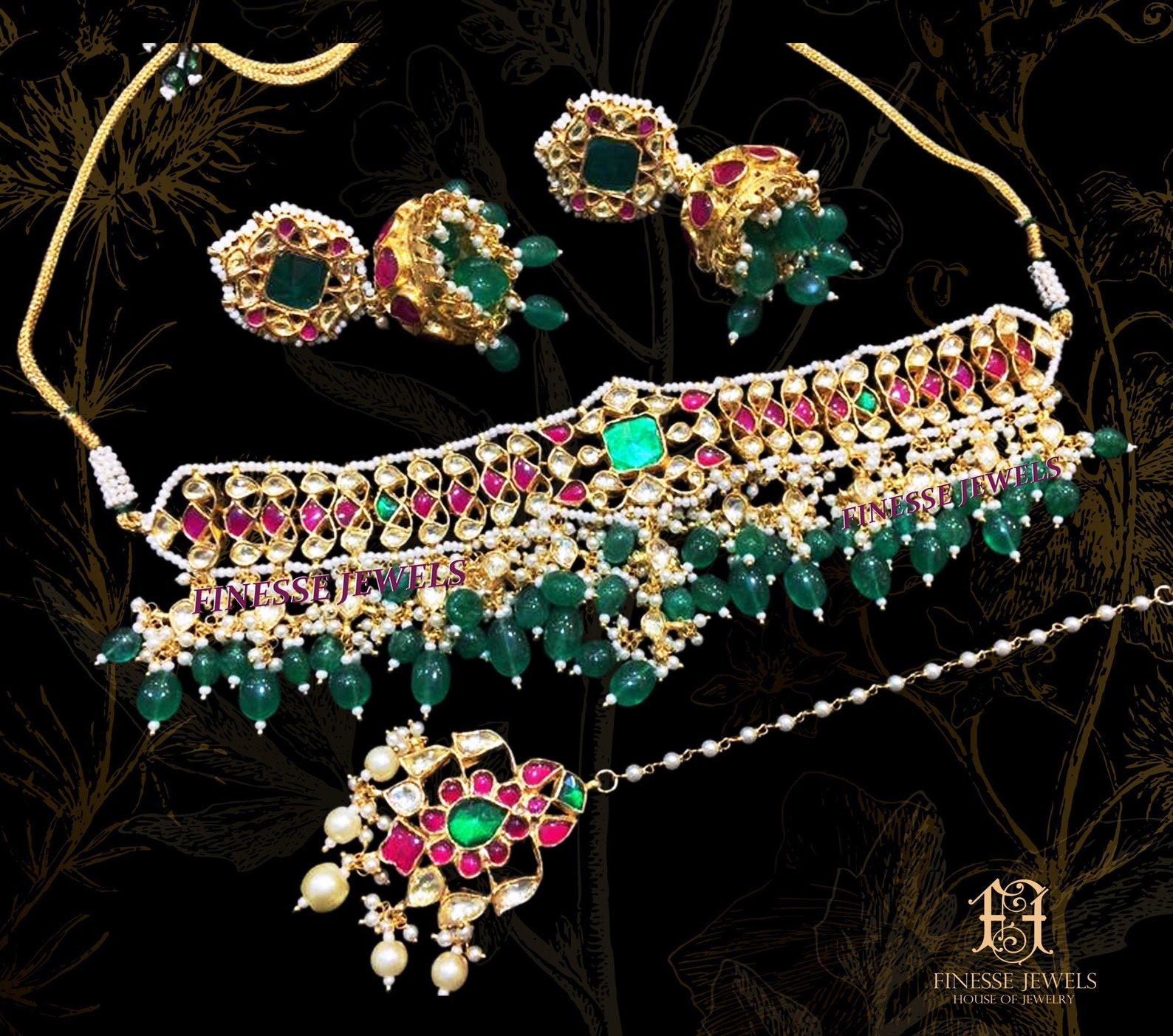 Pink Green Choker Kundan Necklace Set | Etsy