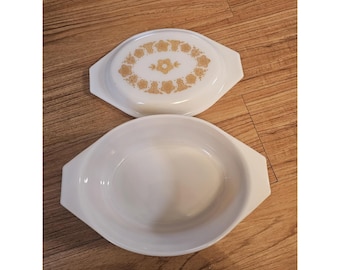 Vintage Pyrex 043 1 1/2 Qt 043 vlinder bloemen goud ovale braadpan schotel deksel