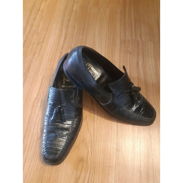Vintage Johnston and Murphy Aristocraft Shoes Tassle Solid Black Alligator Sz 13