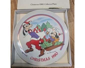 Vintage Disney Schmid Plate Sleigh Ride Goofy Baby Mickey i Donald