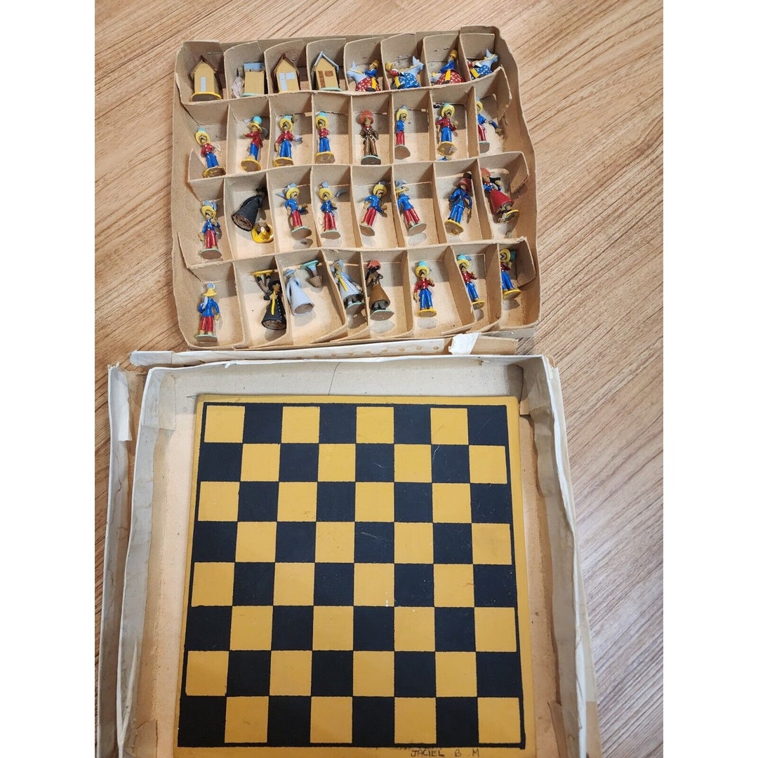 Vintage Folk Art Chess Set Clay Pieces With Chess Board Game Etsy New