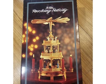 Vintage 3 Tier Revolving Nativity Windmill Wooden With Candles Christmas Holiday