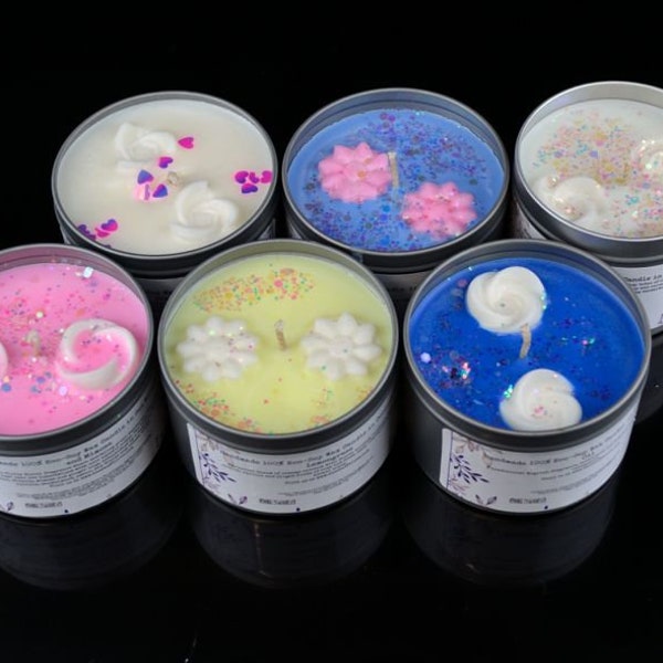 Home Scents 100% Soy Wax Candles in a Range of Home Fragrances, Scented Soy Wax Candle in a Tin with Wax Embeds and Glitter