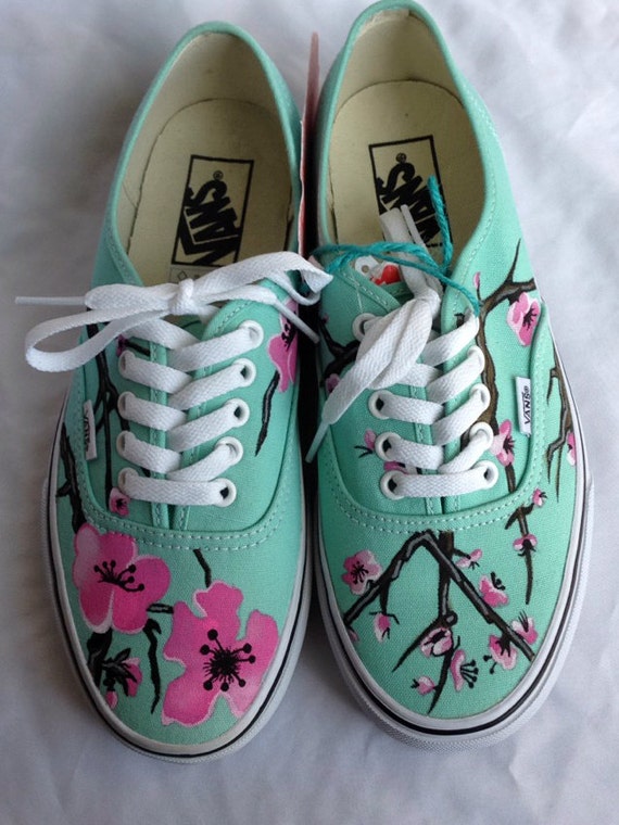 Items similar to Painted Shoes Cherry Blossom Mint Canvas Custom