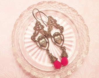 Giftboxed Bronze x Red Sacred Heart Relic Earrings, Catholic Milagro, Vintage Tattoo, Memento Mori Valentine's Day
