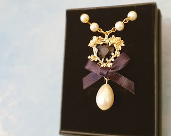 Giftboxed Ornate Rococo Gold x Black Heart Necklace White Glass Pearl, Baroque, Marie Antionette, Victorian