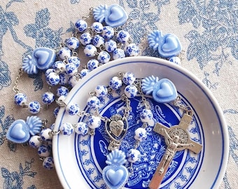 Gift Boxed Small Blue + White Floral Delft Ceramic Five Decade Catholic , Chinoiserie, Milagro Christening Gift, Something Blue